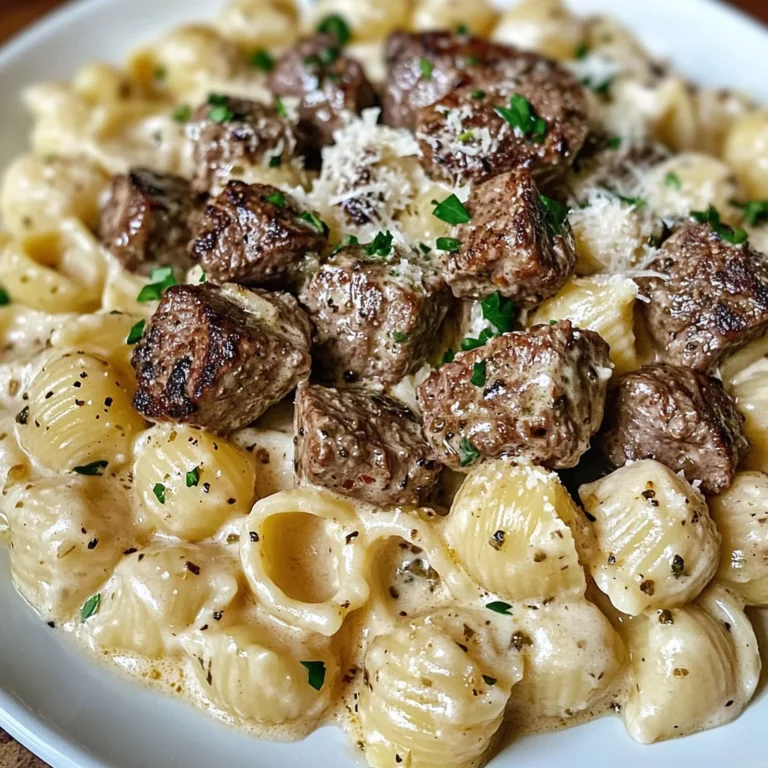 Creamy Parmesan Shell Pasta With Garlic Butter Steak Cubes