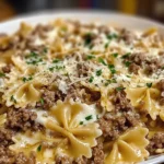 Savory Beef And Bowtie Pasta In Alfredo Sauce