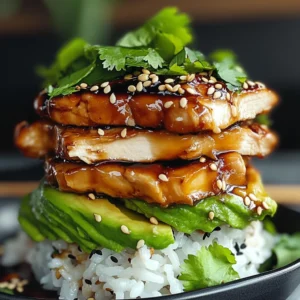 Teriyaki Chicken Avocado Rice Stack